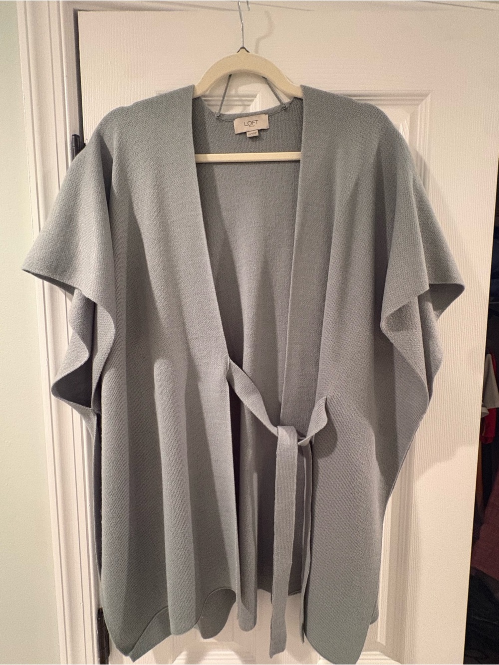 LOFT Light Gray Open-Front Tie-Waist Poncho Cardigan